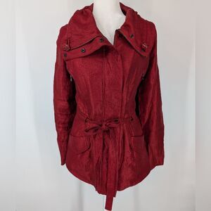 Samuel Dong Designer Shimmer Red Belted Lightweight Coat with Ruffle Neck Medium